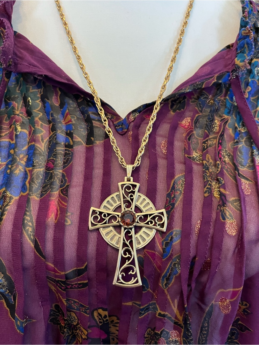 Vintage 1979 Sarah Coventry Cross Necklace with Topaz Austrian Glass Stone